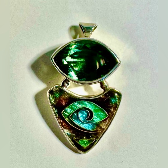 Vintage Indigo Flameworks Cloisonné Enamel Pendant with Prasiolite